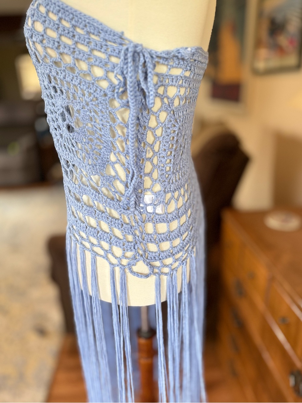 HYFVE Light Periwinkle Blue Crochet Fringe Strapless Dress or Skirt - Picture 2 of 8